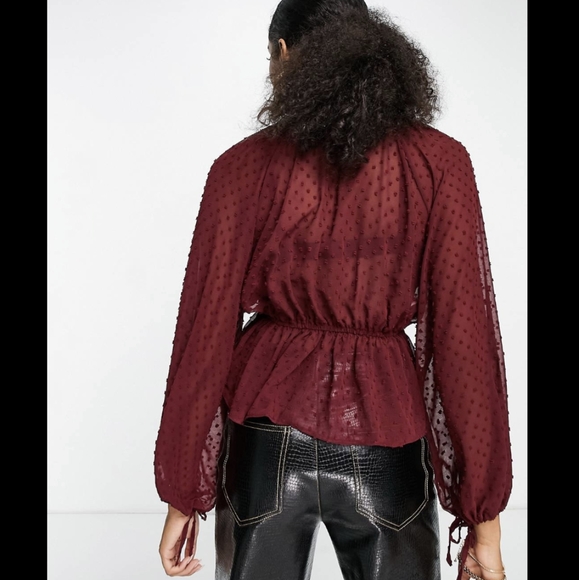 NWOT Asos Burgundy Sheer Tie Front Blouse - Picture 2 of 10
